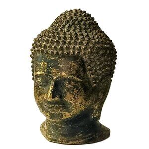 Vintage Style Buddha Head Statue Bronze Patina Zen Meditation Spiritual Art